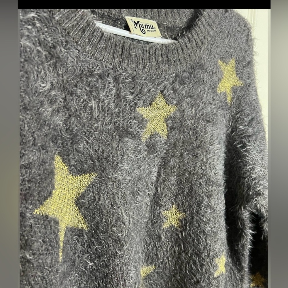 Show Me Your MuMu Eyelash Soft Gray Sweater Gold Sparkle Stars, medium